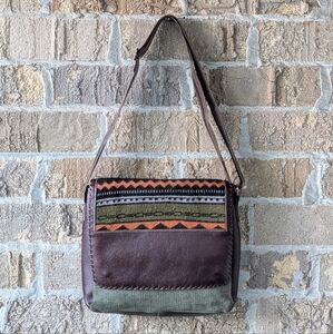 TRIBU Knit Leather Patchwork Boho Messenger Bag Brown Olive Green